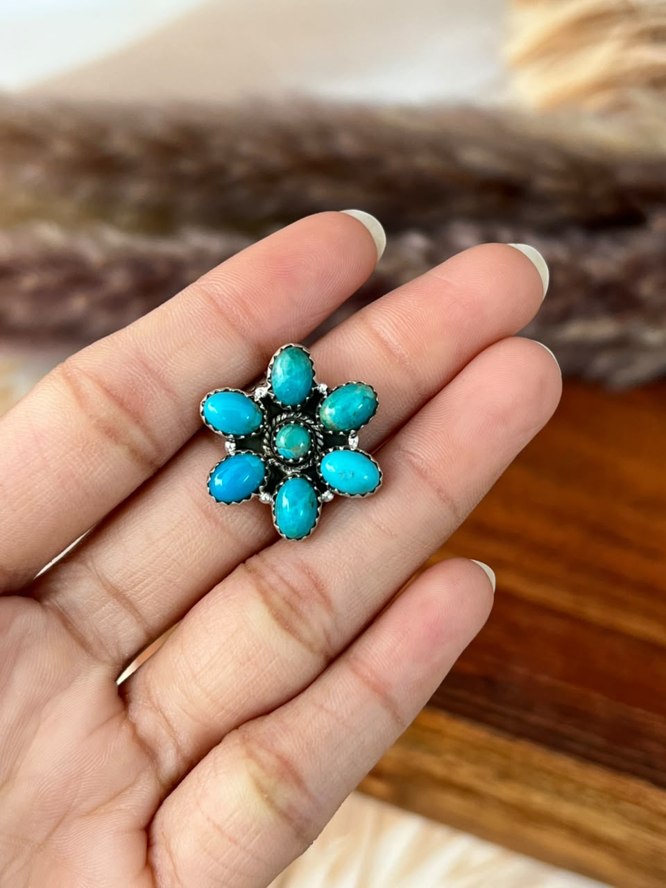 Handmade Sterling Silver Kingman Turquoise Adjustable Ring Signed Nizhoni