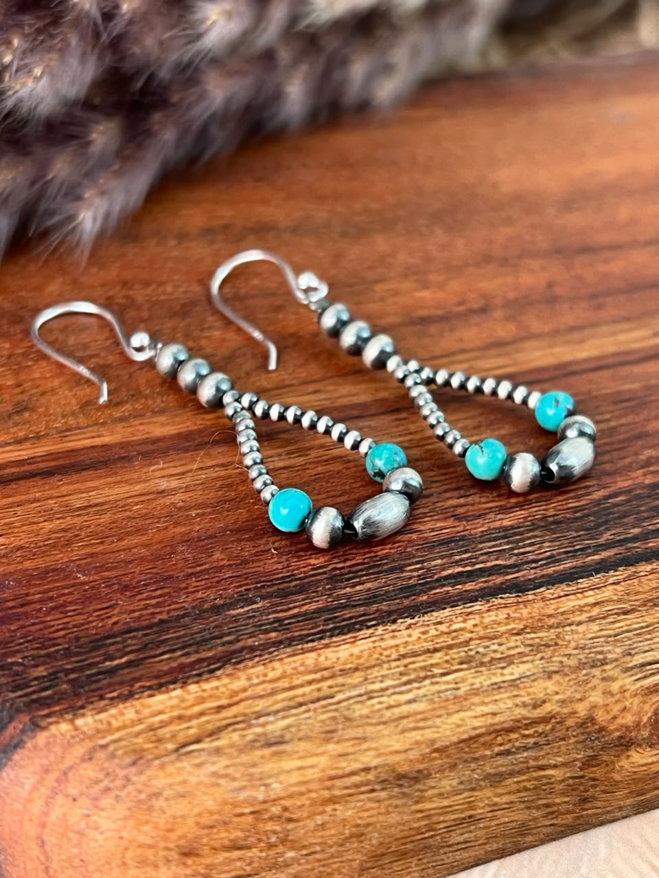 Handmade Sterling Silver Kingman Turquoise Beaded Hook Dangle Earrings