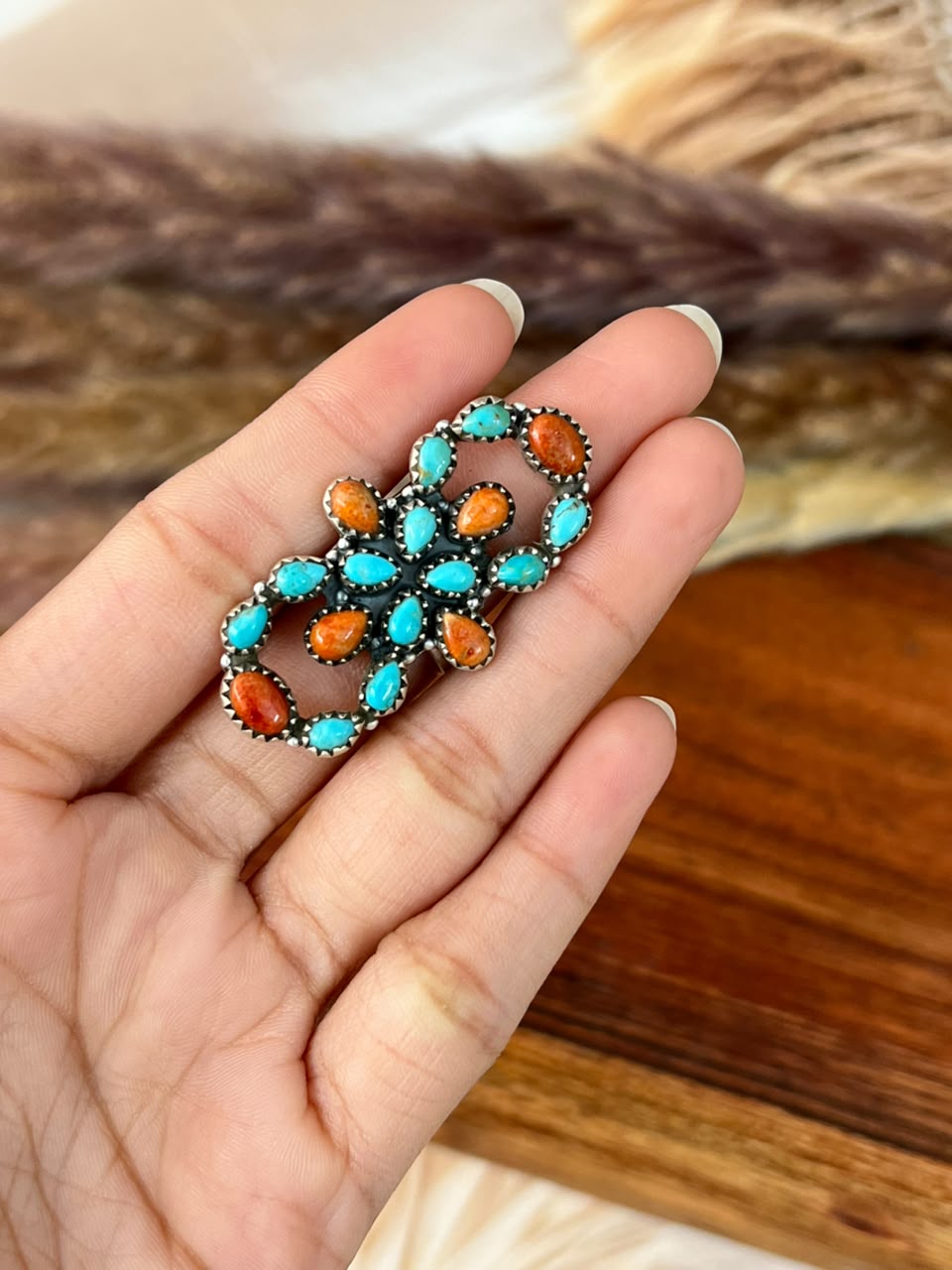 Handmade Sterling Silver Kingman Turquoise with Orange Mojave Adjustable Ring Signed Nizhoni