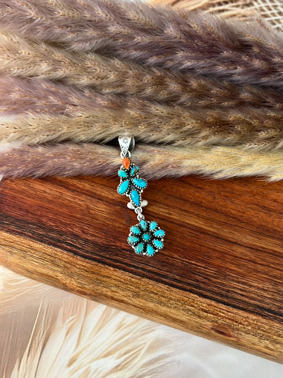 Handmade Sterling Silver Kingman Turquoise with Orange Mojave Pendant Signed Nizhoni