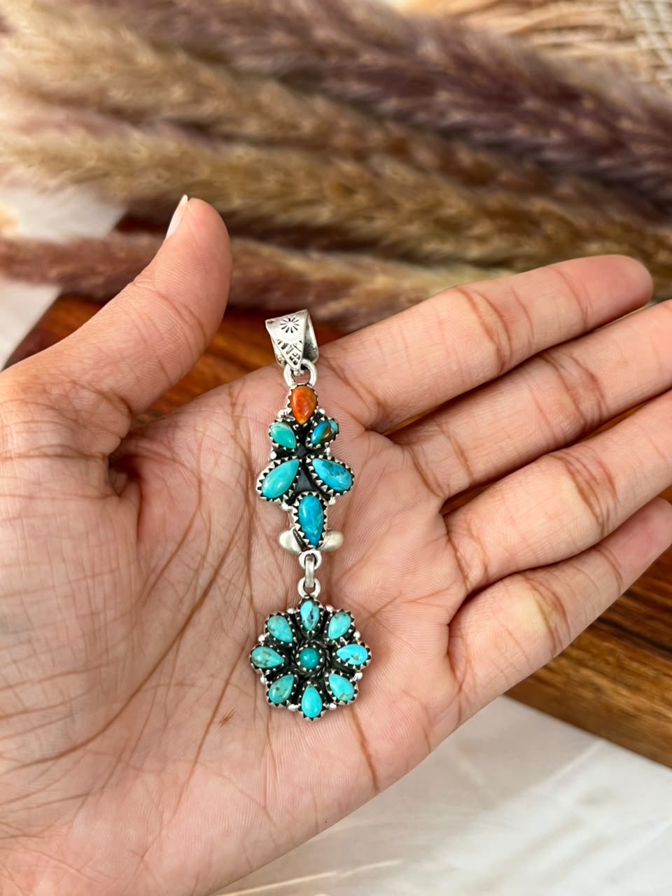 Handmade Sterling Silver Kingman Turquoise with Orange Mojave Pendant Signed Nizhoni