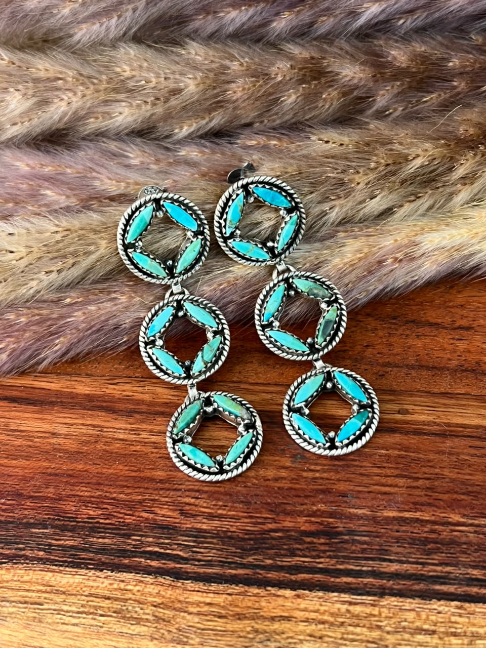 Handmade Sterling Silver Kingman Turquoise Post Dangle Earrings Signed Nizhoni