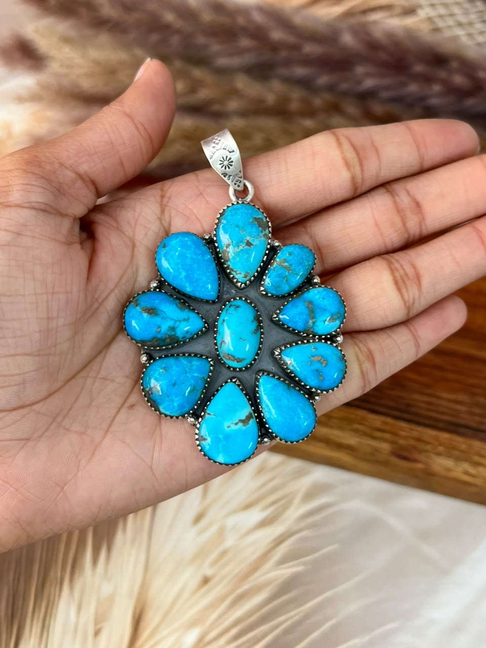 Handmade Sterling Silver Blue Kingman Turquoise Pendant Signed Nizhoni