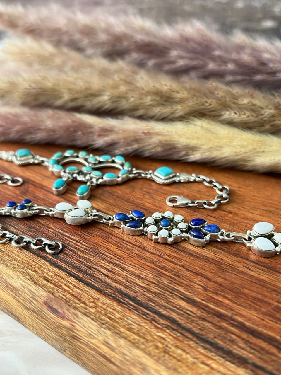Handmade Sterling Silver White Buffalo with Lapis and Kingman Turquoise Chain Bracelet Signed Nizhoni
