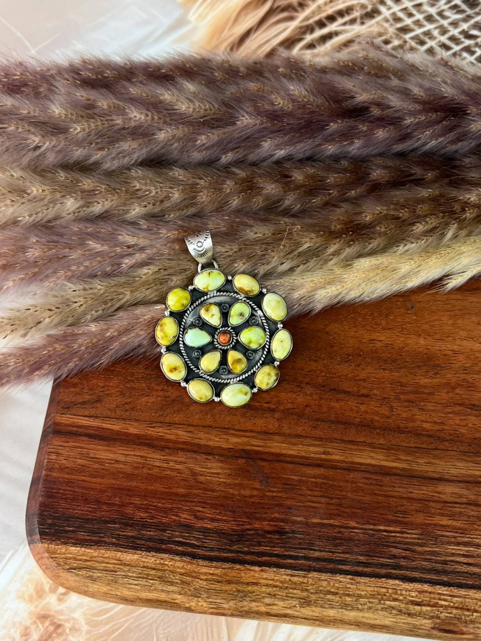 Handmade Sterling Silver Palomino Turquoise with Orange Mojave Pendant Signed Nizhoni
