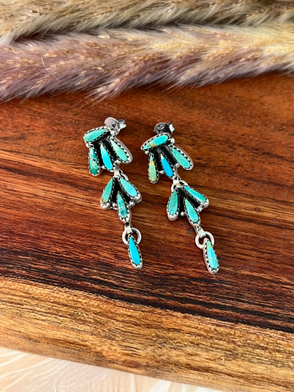 Handmade Sterling Silver Kingman Turquoise Post Dangle Earrings Signed Nizhoni