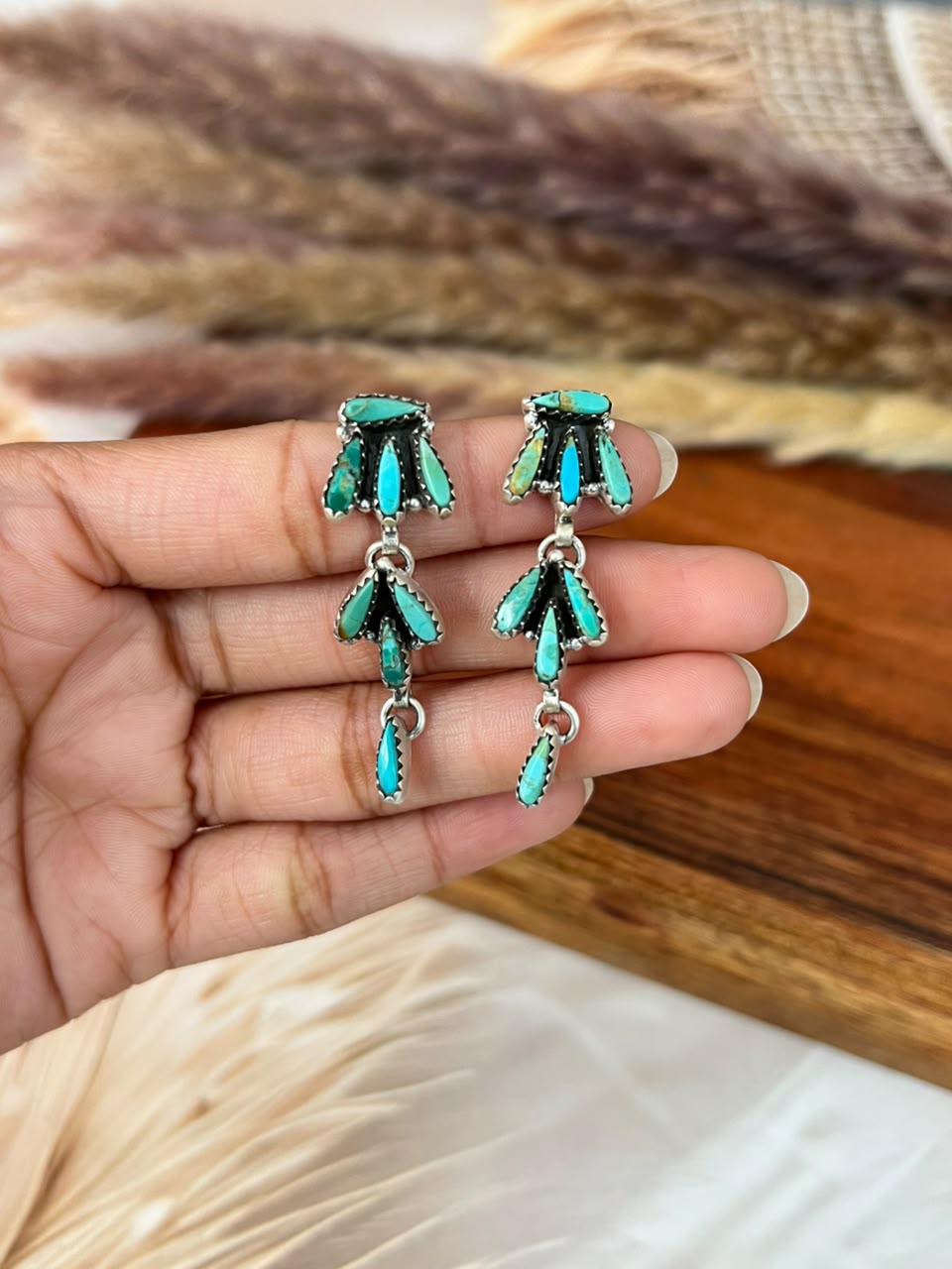 Handmade Sterling Silver Kingman Turquoise Post Dangle Earrings Signed Nizhoni