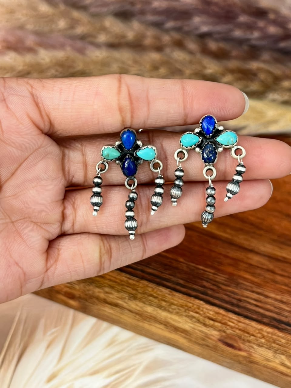 Handmade Sterling Silver Kingman Turquoise and Lapis Post Dangle Beaded Earrings Signed Nizhoni