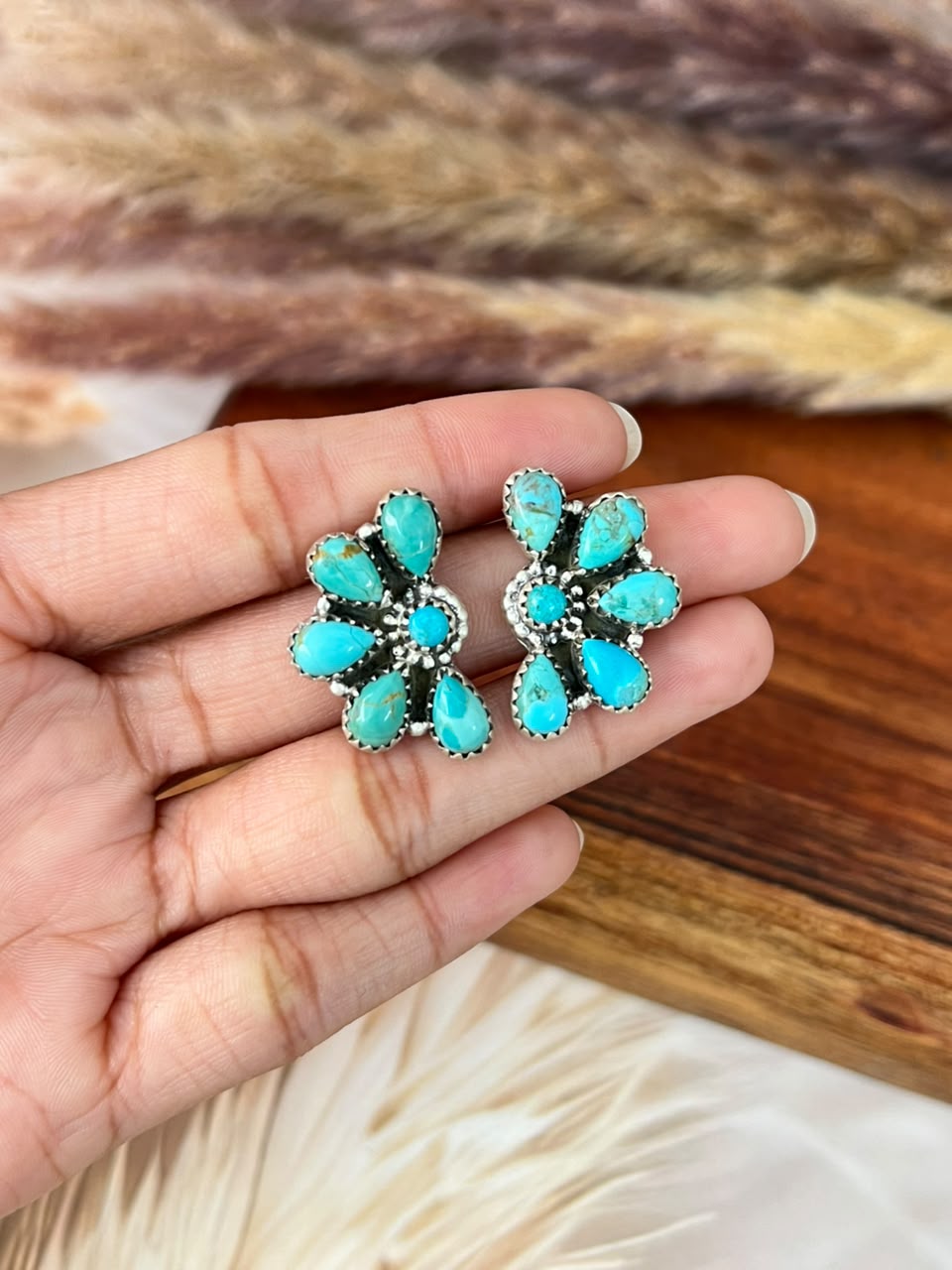 Handmade Sterling Silver Kingman Turquoise Post Studs Earrings Signed Nizhoni