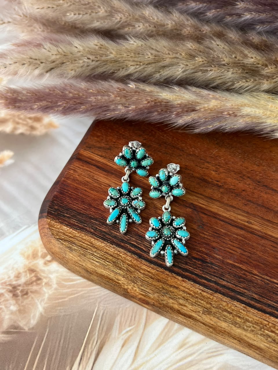Handmade Sterling Silver Kingman Turquoise Post Dangle Earrings Signed Nizhoni