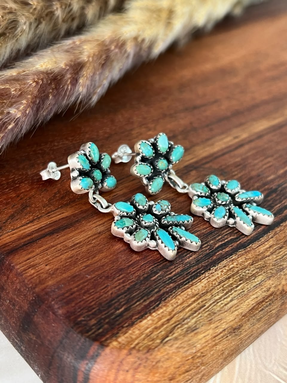 Handmade Sterling Silver Kingman Turquoise Post Dangle Earrings Signed Nizhoni
