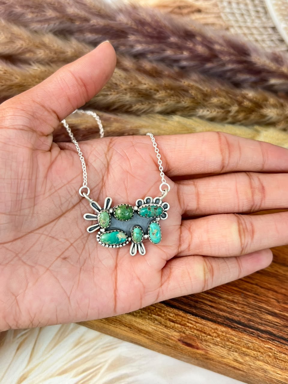 Handmade Sterling Silver Emerald Valley Turquoise Necklace Signed Nizhoni