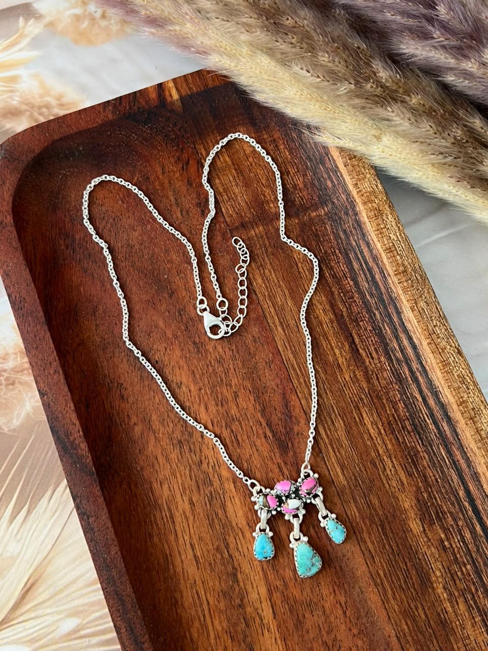 Handmade Sterling Silver White Water Turquoise with Cotton Candy Necklace Signed Nizhoni