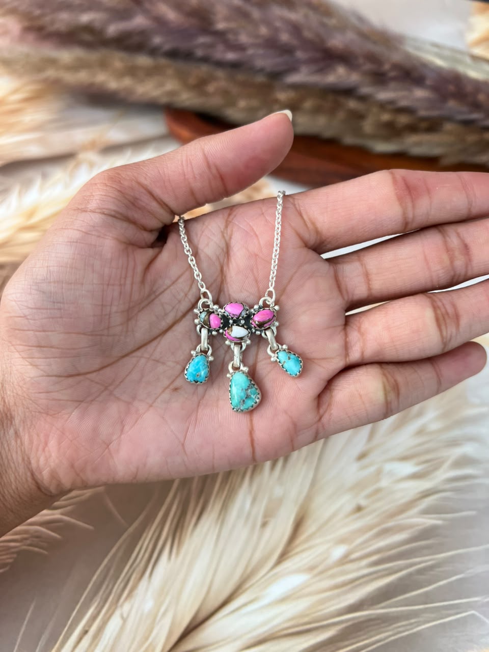 Handmade Sterling Silver White Water Turquoise with Cotton Candy Necklace Signed Nizhoni