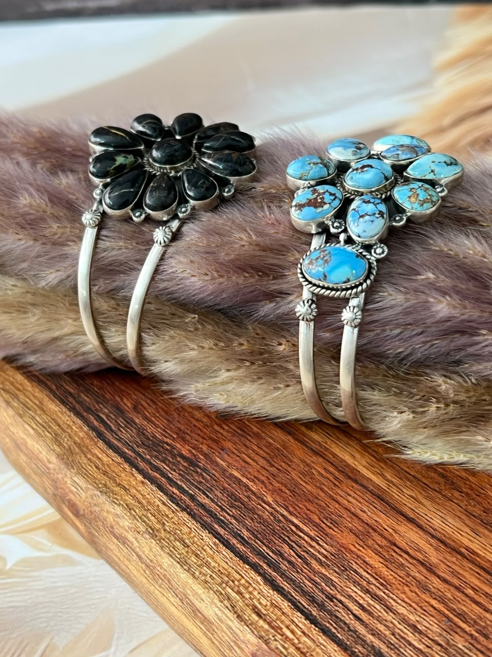 Handmade Sterling Silver Golden Hills and Blackjack Turquoise Cuff Bracelet Signed Nizhoni