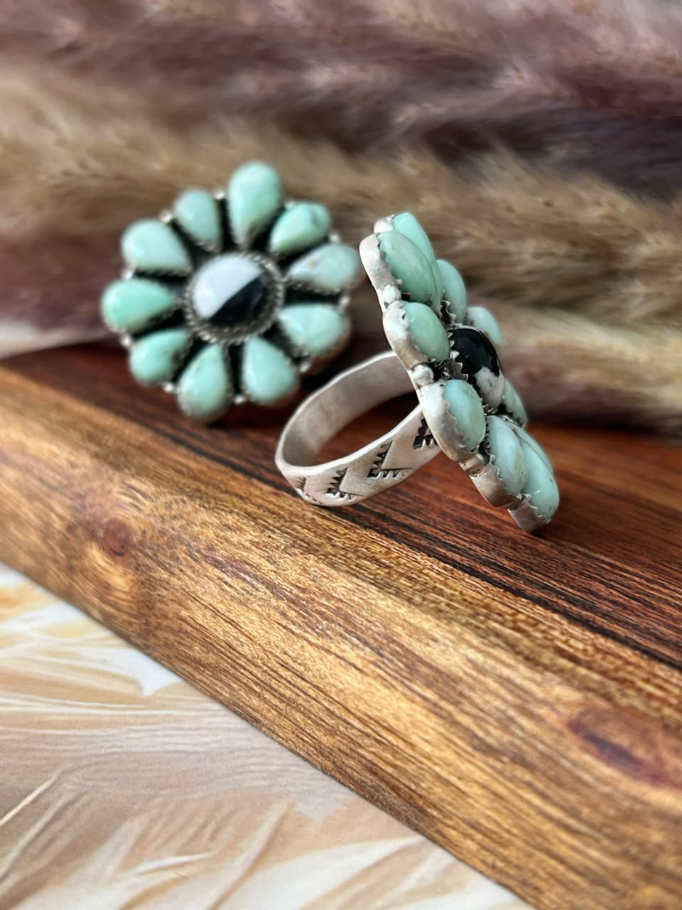 Handmade Sterling Silver Paloma Turquoise with White Buffalo Adjustable Ring Signed Nizhoni (6)