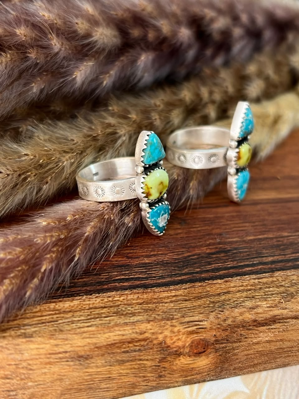 Handmade Sterling Silver Palomino with White Water Turquoise Adjustable Ring Signed Nizhoni