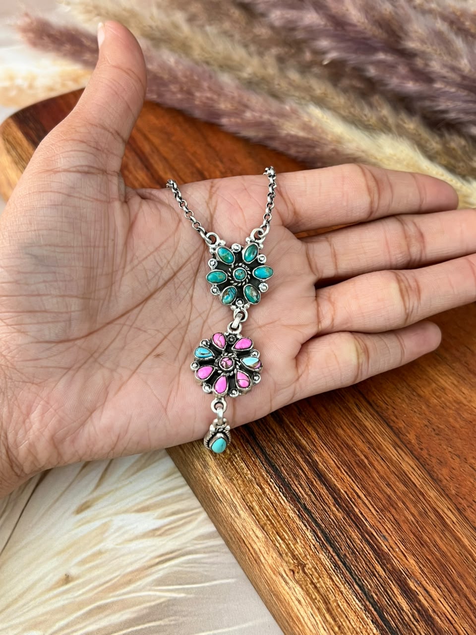 Handmade Sterling Silver Kingman Turquoise with Cotton Candy Signed Nizhoni