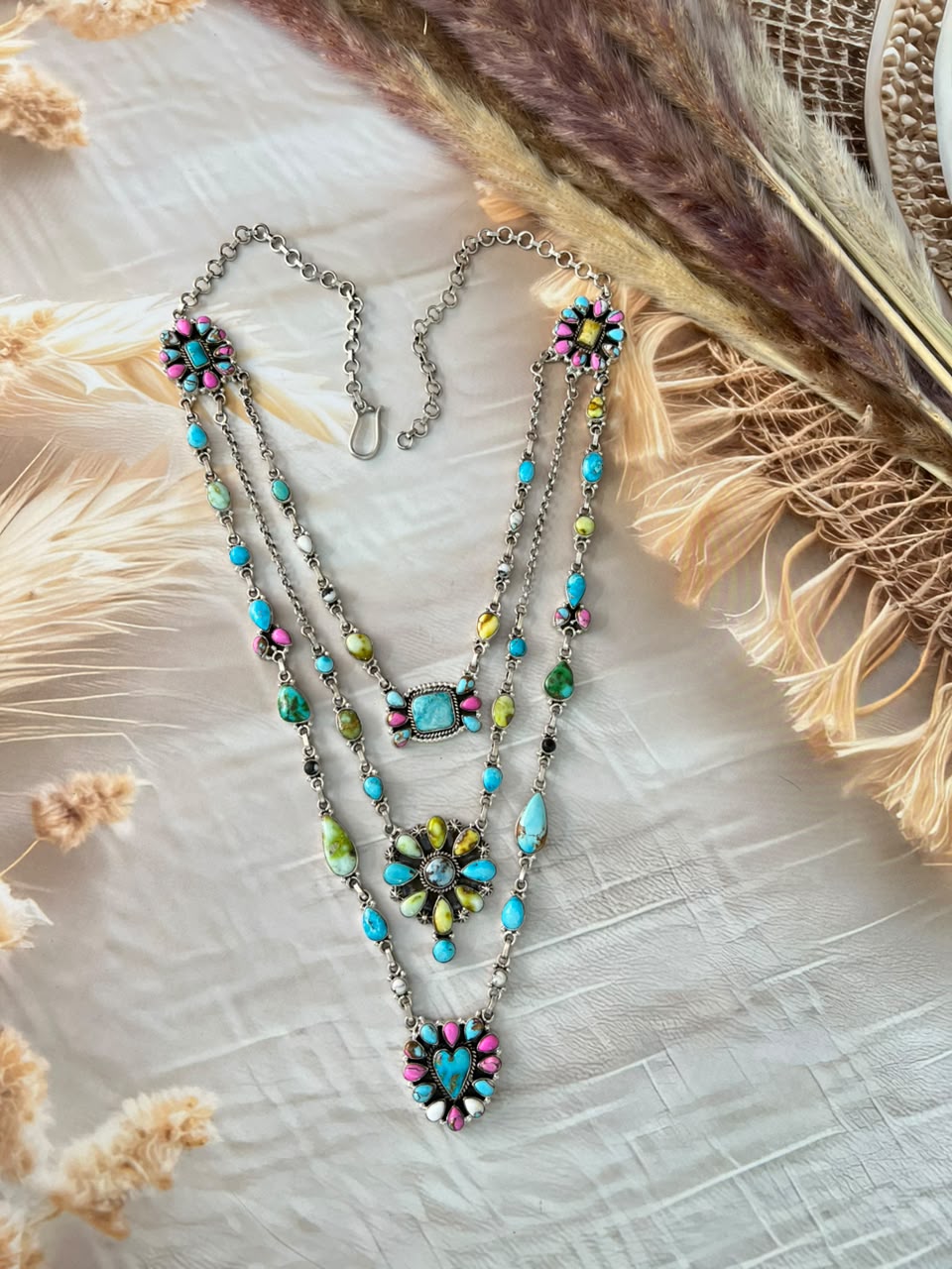 Handmade Sterling Silver White Water with Sierra Bella, Sonoran Mountain, Golden Hills, White Buffalo, Cotton Candy and Palomino Turquoise Layered Necklace Signed Nizhoni