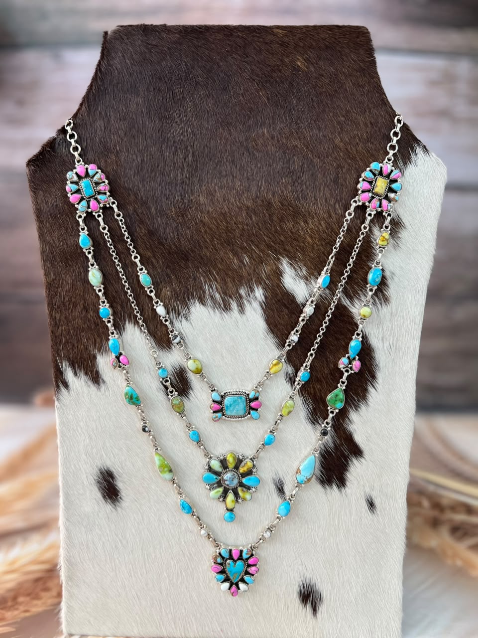 Handmade Sterling Silver White Water with Sierra Bella, Sonoran Mountain, Golden Hills, White Buffalo, Cotton Candy and Palomino Turquoise Layered Necklace Signed Nizhoni