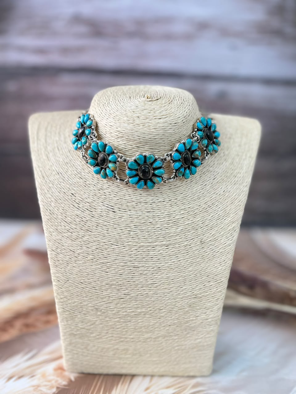 Handmade Sterling Silver Blackjack with Kingman Turquoise Choker Necklace Signed Nizhoni