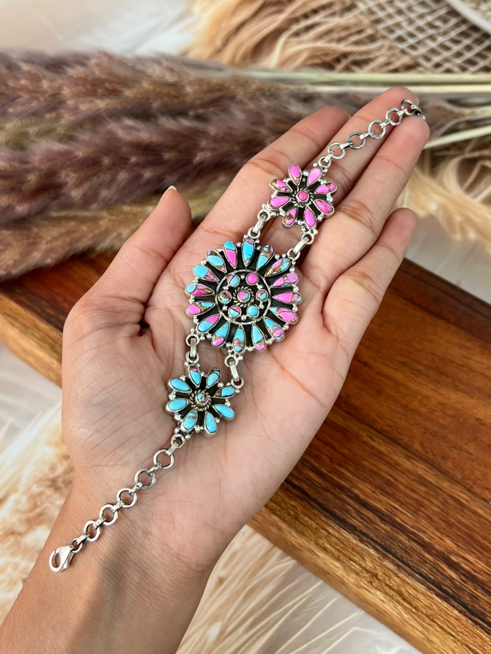 Handmade Sterling Silver Cotton Candy Chain Bracelet Signed Nizhoni