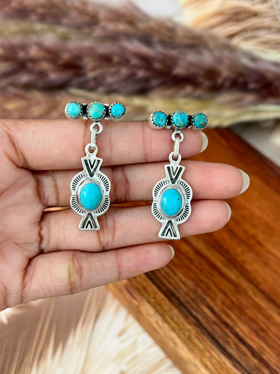 Handmade Sterling Silver Kingman Turquoise Post Dangle Earrings Signed Nizhoni