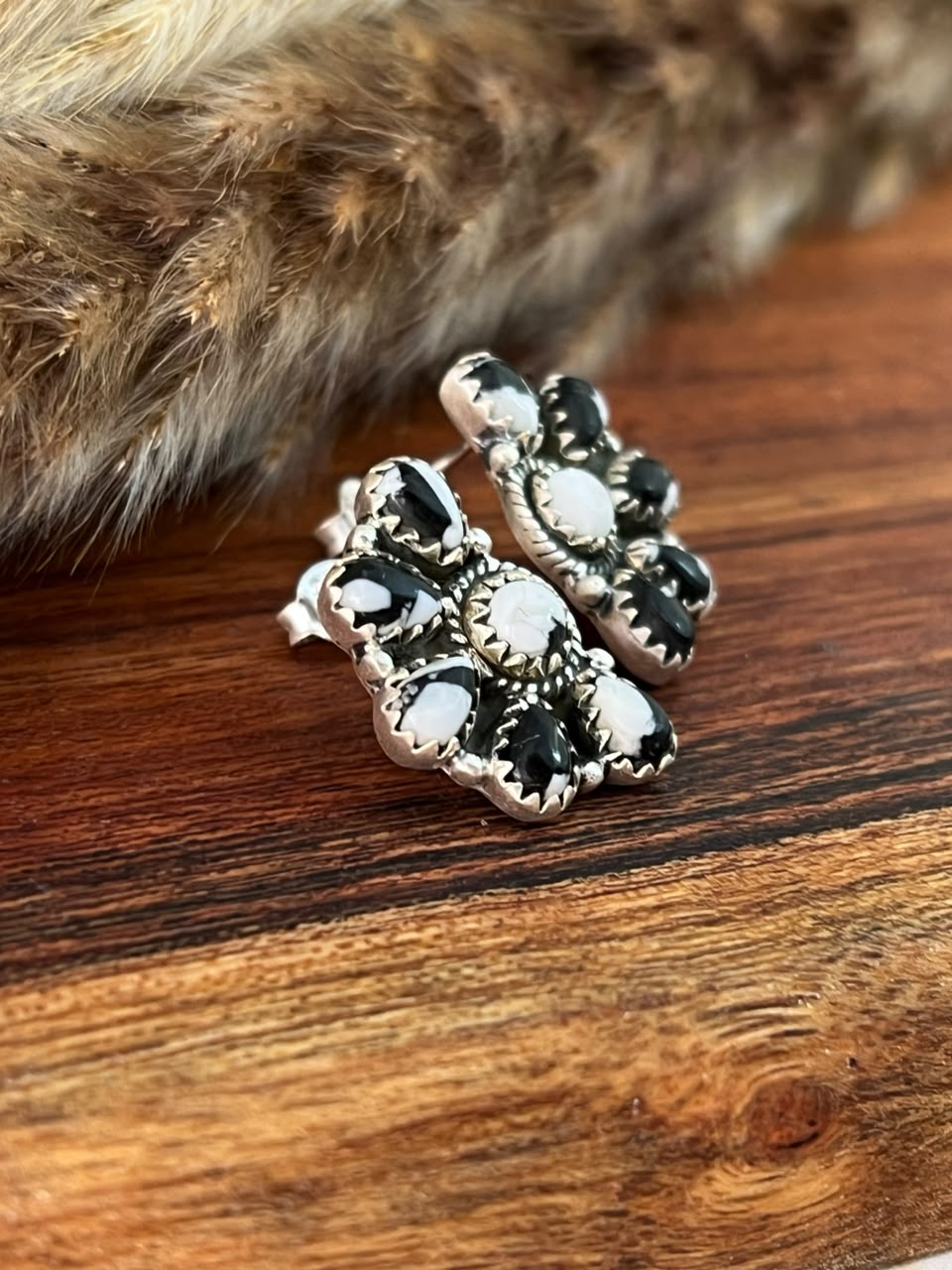 Handmade Sterling Silver White Buffalo Post Studs Earrings Signed Nizhoni