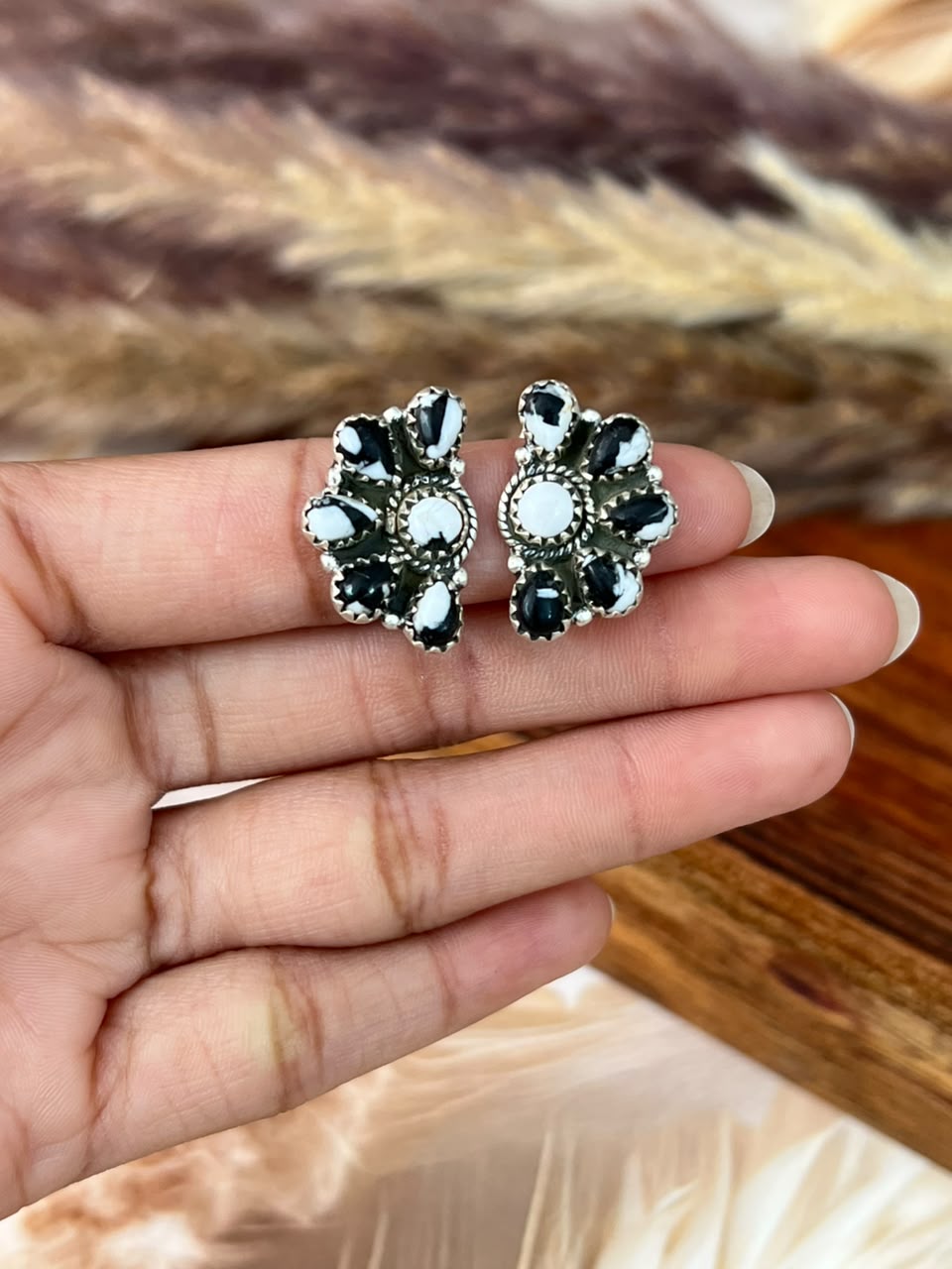 Handmade Sterling Silver White Buffalo Post Studs Earrings Signed Nizhoni