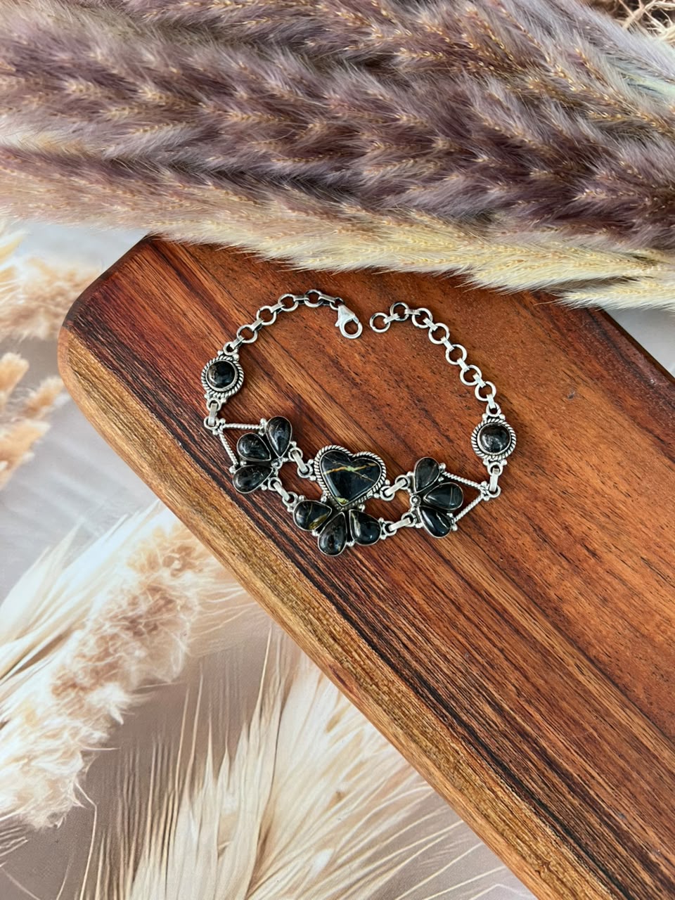 Handmade Sterling Silver Blackjack Turquoise Chain Bracelet Signed Nizhoni