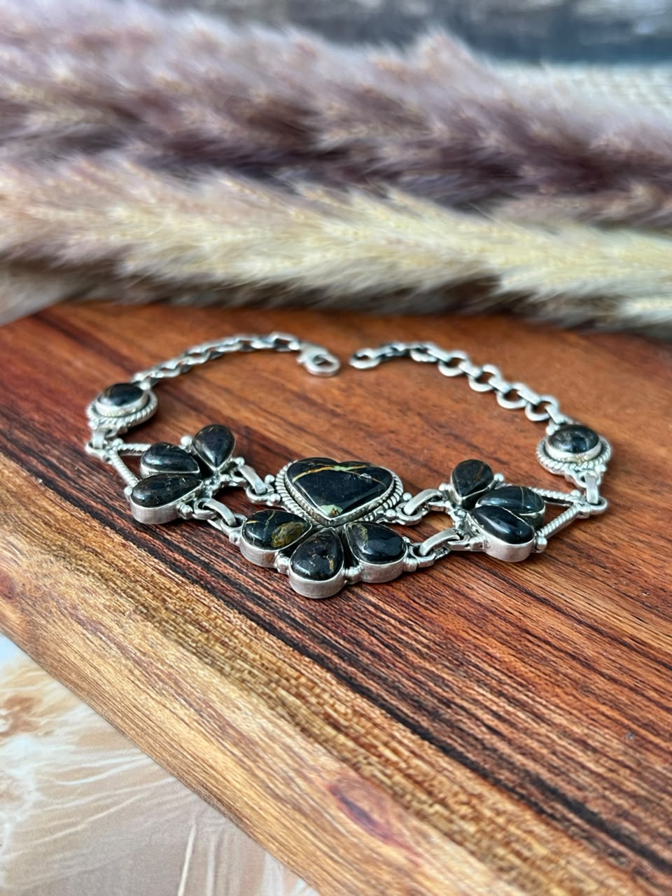 Handmade Sterling Silver Blackjack Turquoise Chain Bracelet Signed Nizhoni