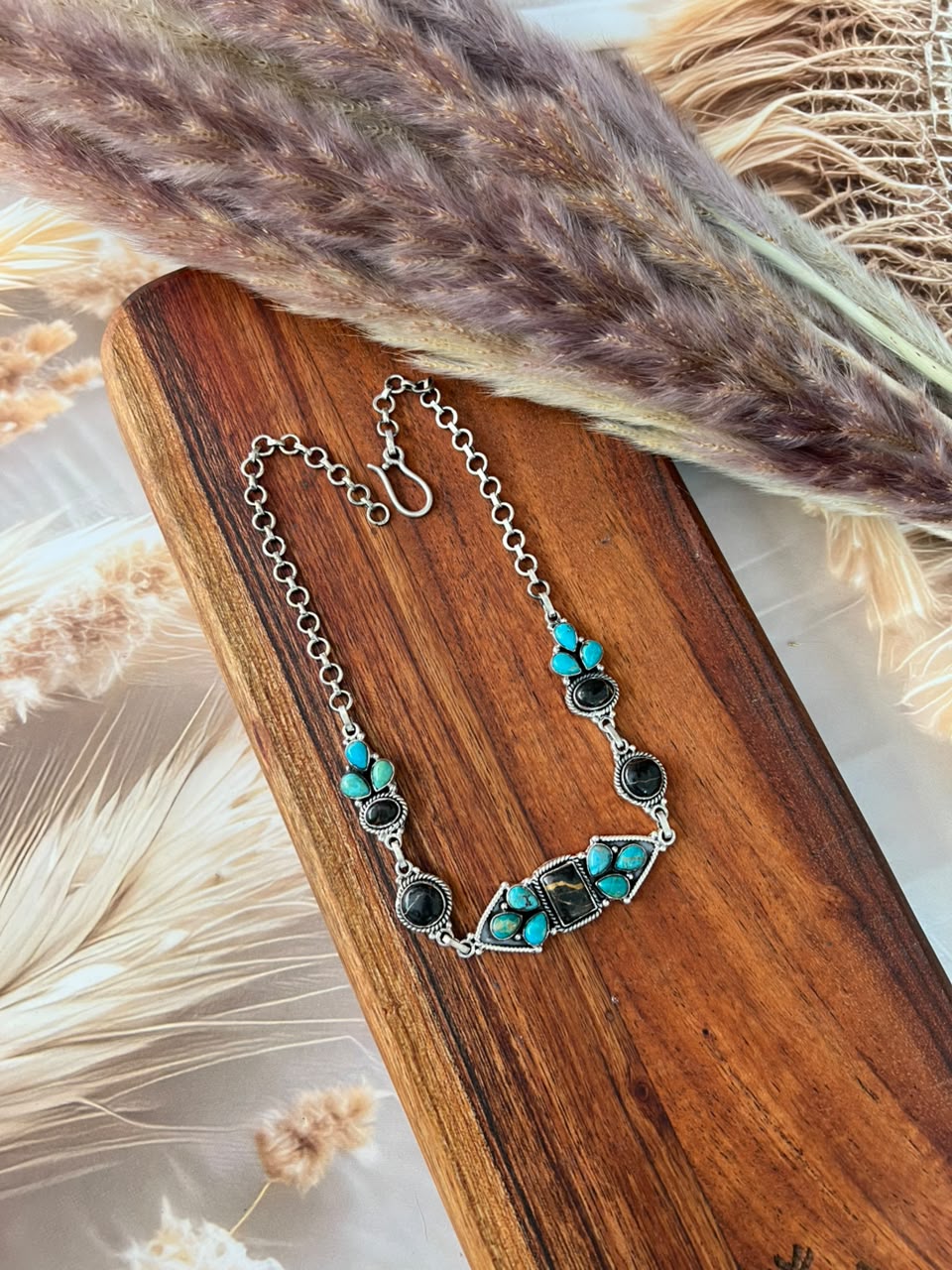 Handmade Sterling Silver Blackjack with Kingman Turquoise Necklace Signed Nizhoni