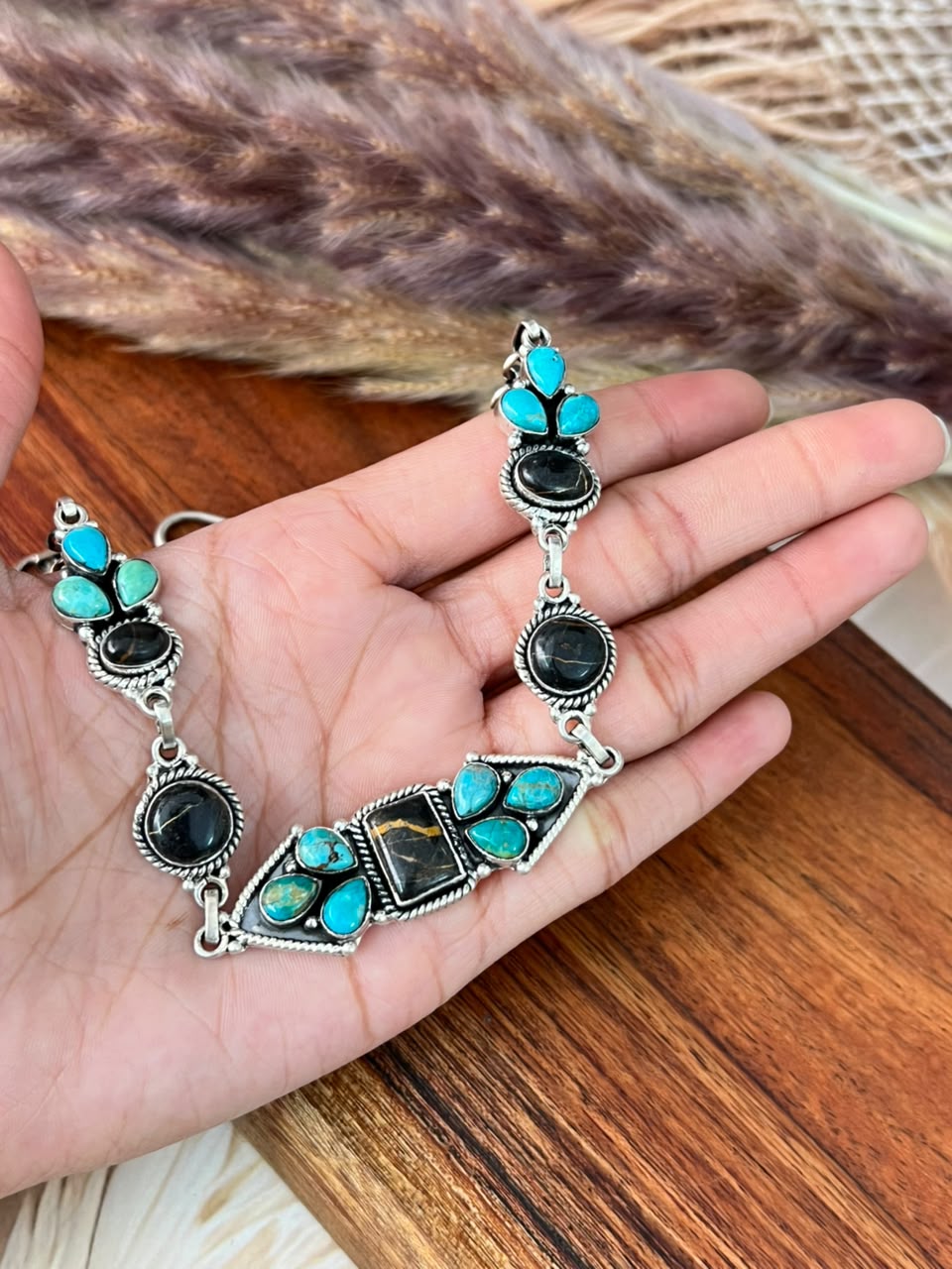 Handmade Sterling Silver Blackjack with Kingman Turquoise Necklace Signed Nizhoni