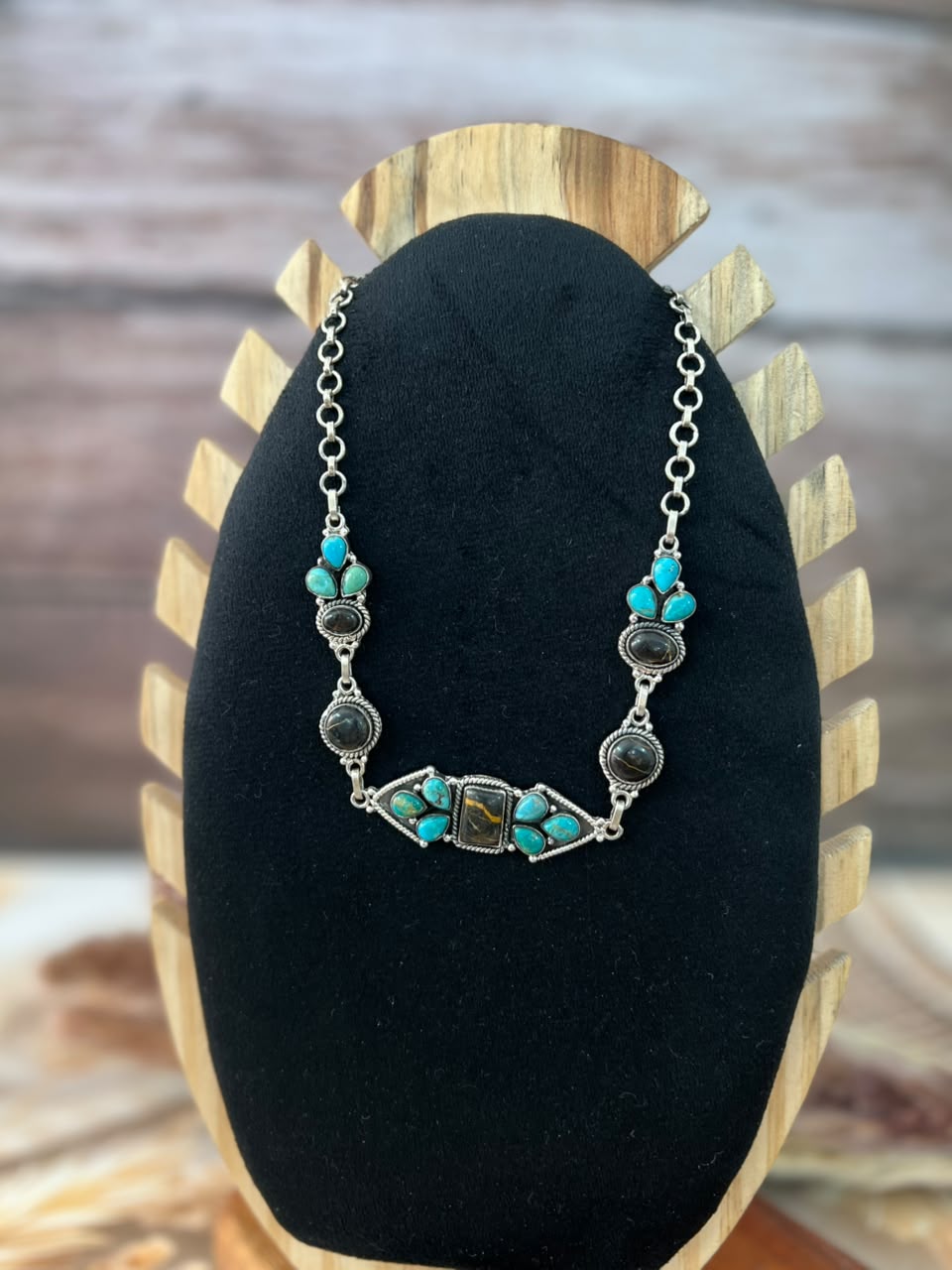 Handmade Sterling Silver Blackjack with Kingman Turquoise Necklace Signed Nizhoni