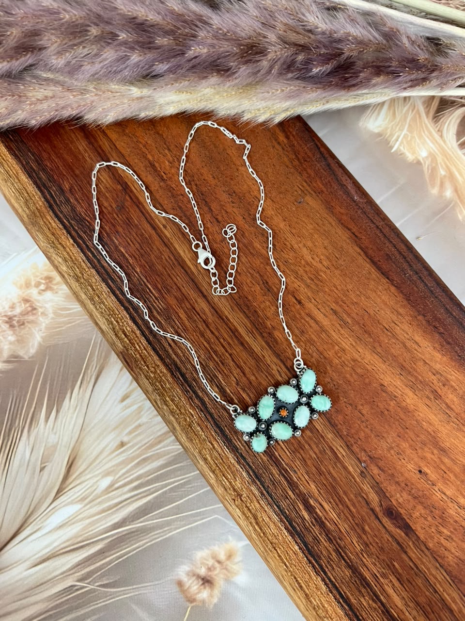 Handmade Sterling Silver Paloma Turquoise with Orange Mojave Necklace Signed Nizhoni