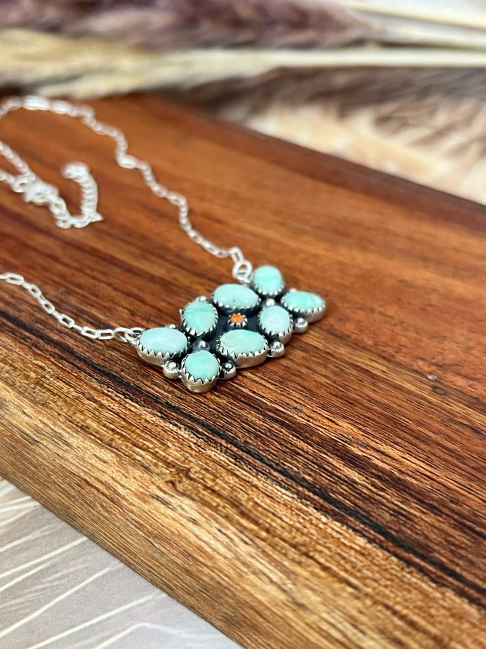 Handmade Sterling Silver Paloma Turquoise with Orange Mojave Necklace Signed Nizhoni