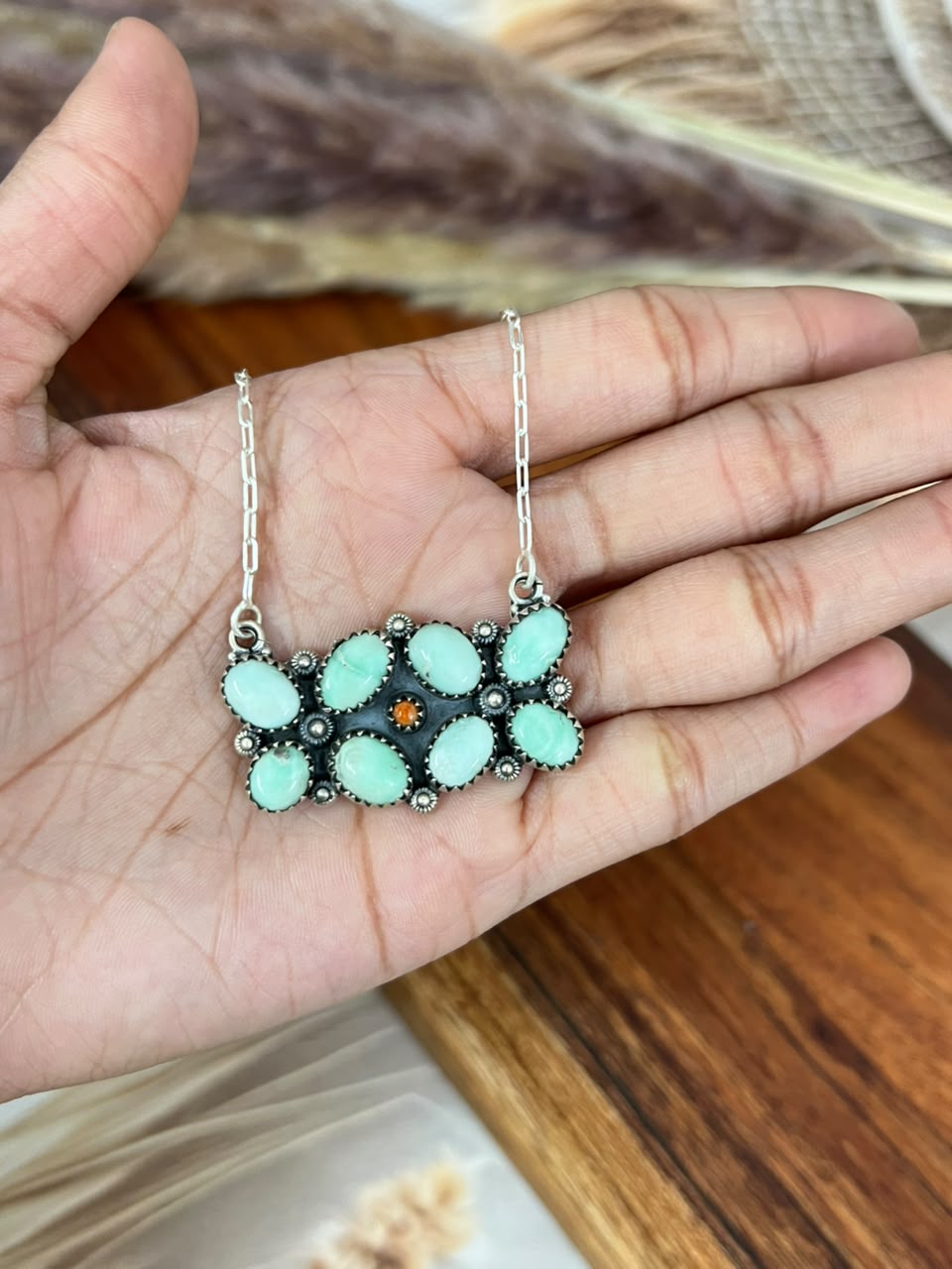 Handmade Sterling Silver Paloma Turquoise with Orange Mojave Necklace Signed Nizhoni