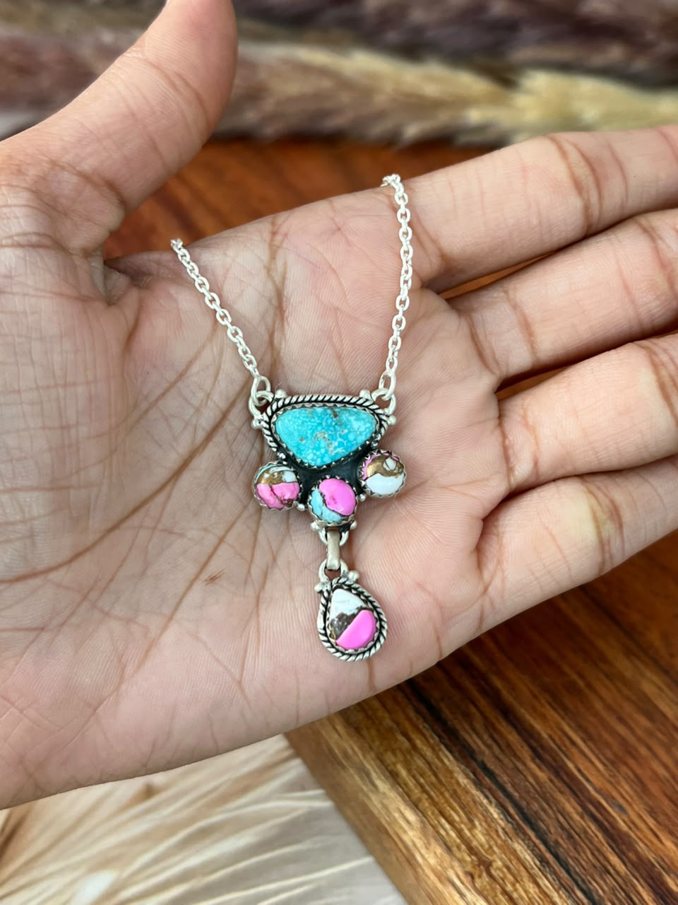 Handmade Sterling Silver Cotton Candy with White Water Turquoise Necklace Signed Nizhoni