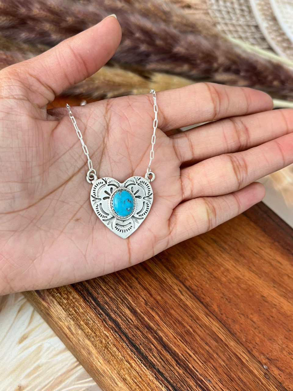Handmade Sterling Silver Kingman Turquoise Heart Necklace Signed Nizhoni