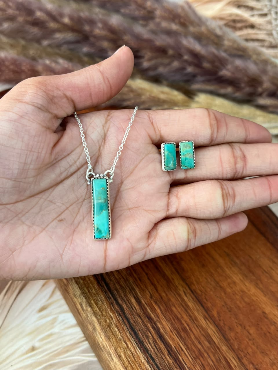 Handmade Sterling Silver Kingman Turquoise Necklace and Earrings Set Signed Nizhoni
