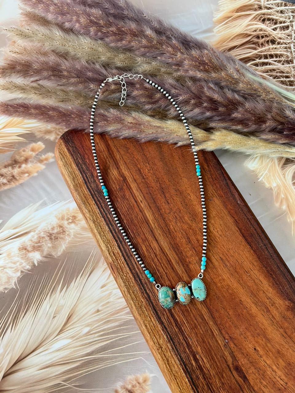 Handmade Sterling Silver Manassa with Kingman Turquoise Beaded Necklace Signed Nizhoni