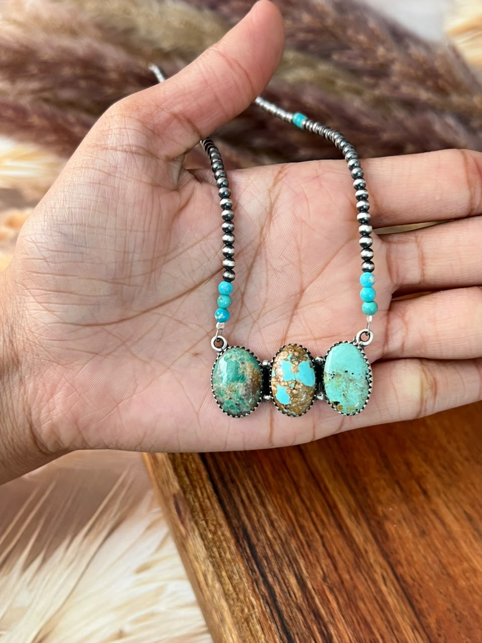 Handmade Sterling Silver Manassa with Kingman Turquoise Beaded Necklace Signed Nizhoni