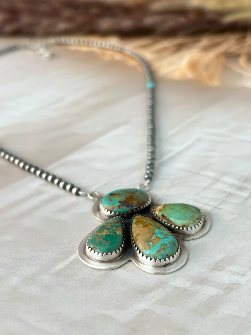 Handmade Sterling Silver Manassa with Kingman Turquoise Beaded Necklace Signed Nizhoni
