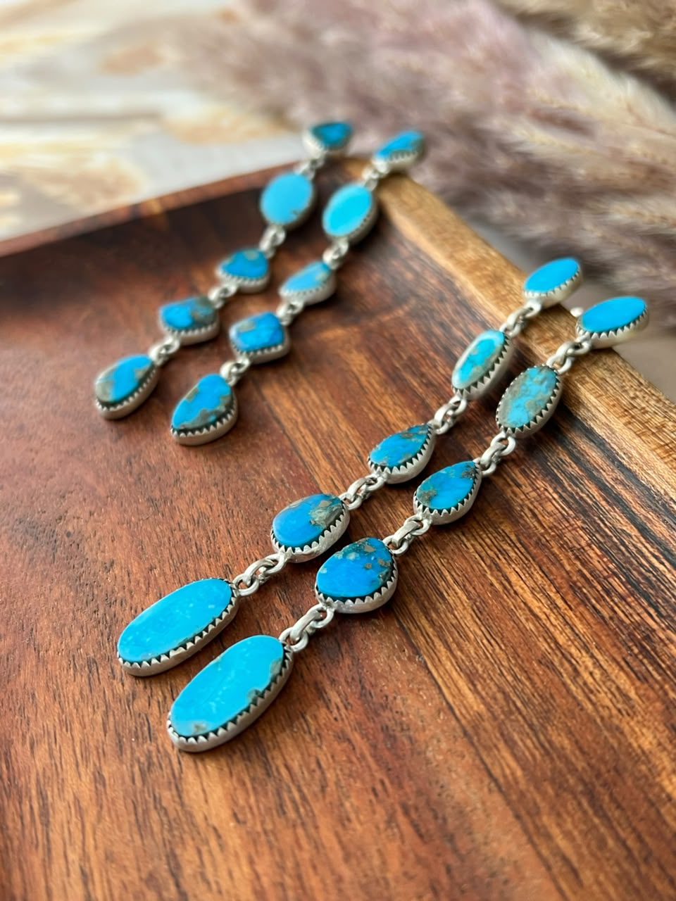 Handmade Sterling Silver Kingman Turquoise Post Dangle Earrings Signed Nizhoni 5 STONE