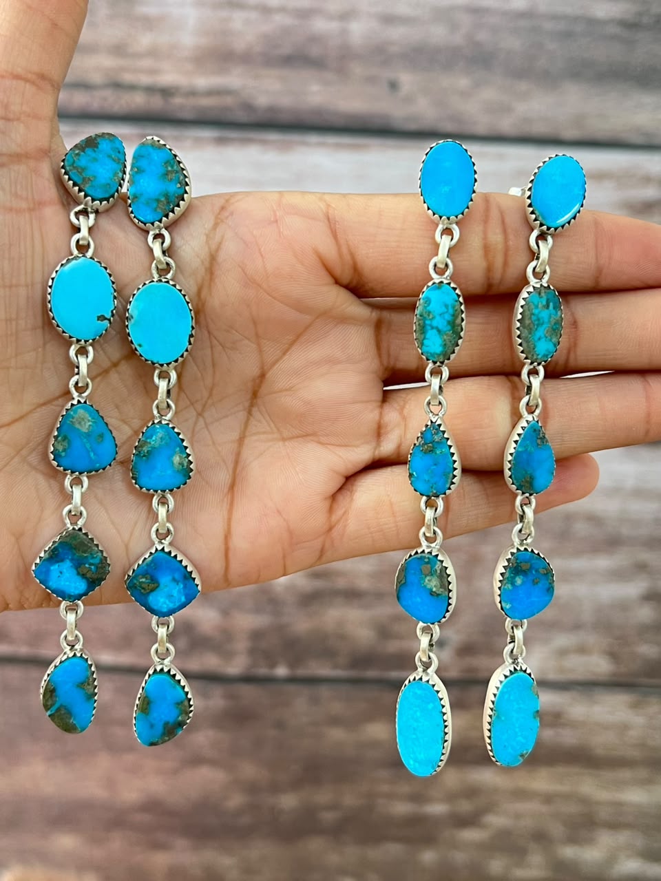 Handmade Sterling Silver Kingman Turquoise Post Dangle Earrings Signed Nizhoni 5 STONE