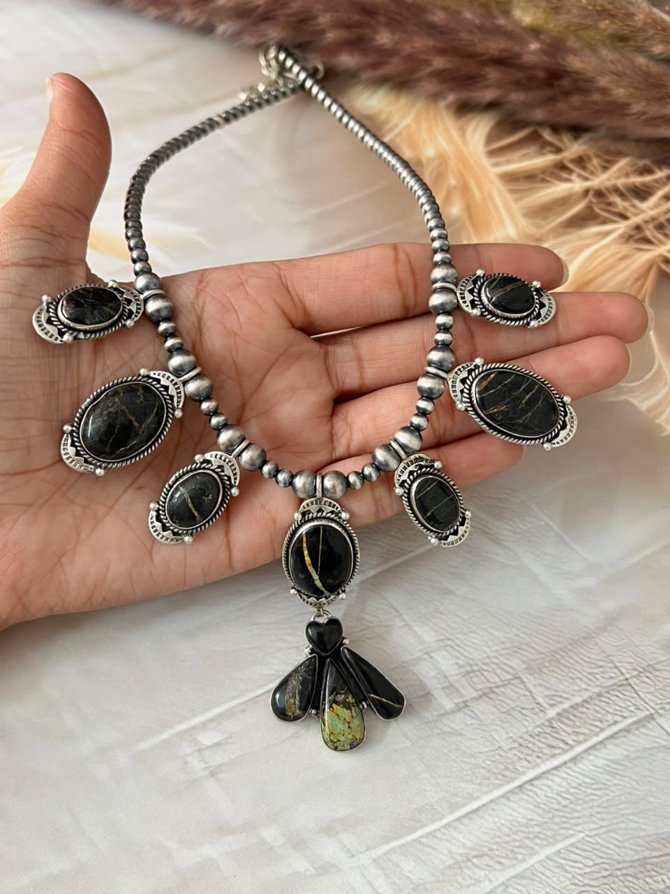 Handmade Sterling Silver Blackjack Turquoise Collection: Beaded Necklace Signed Nizhoni