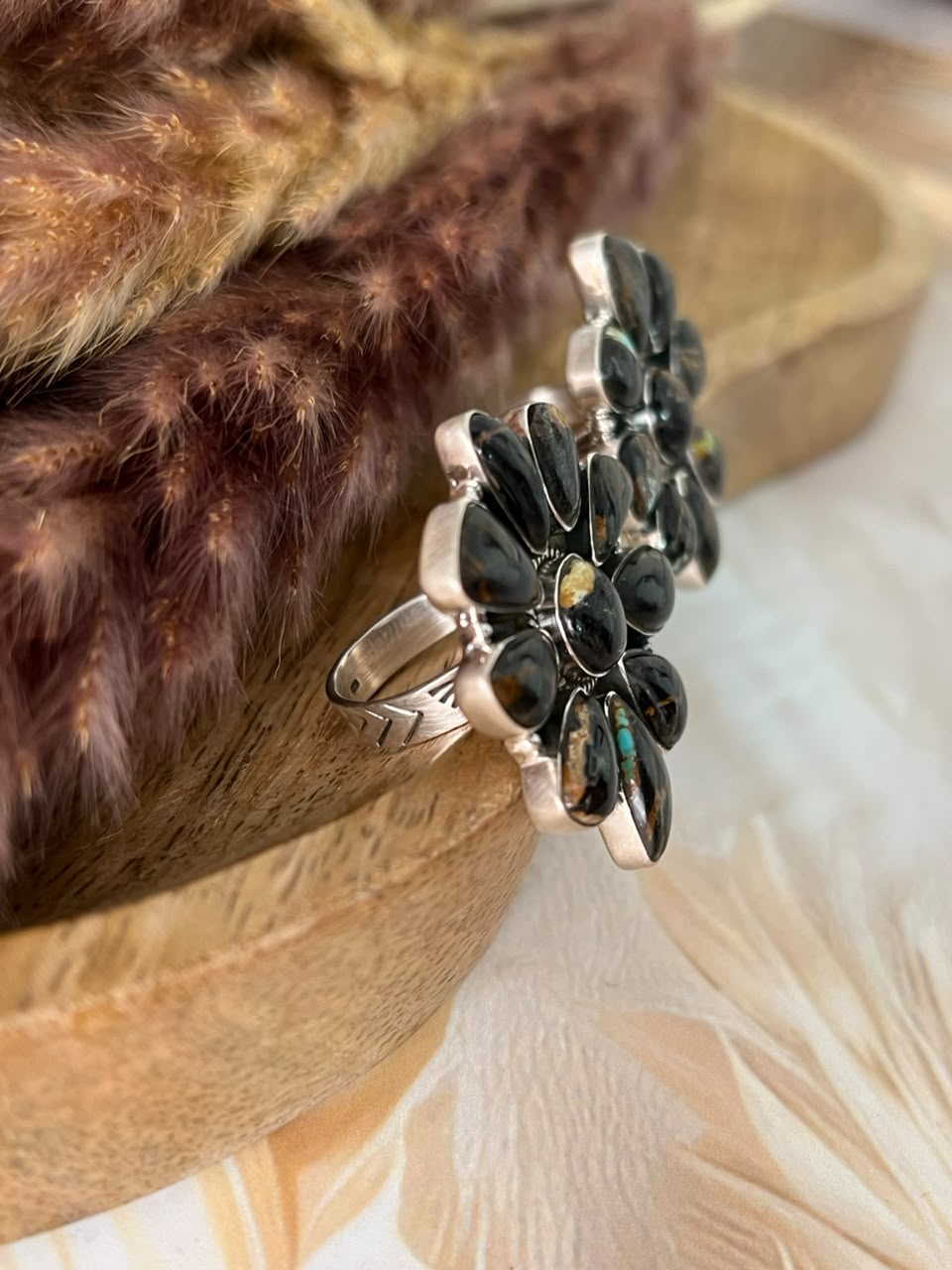 Handmade Sterling Silver Blackjack Turquoise Collection: Adjustable Ring Signed Nizhoni