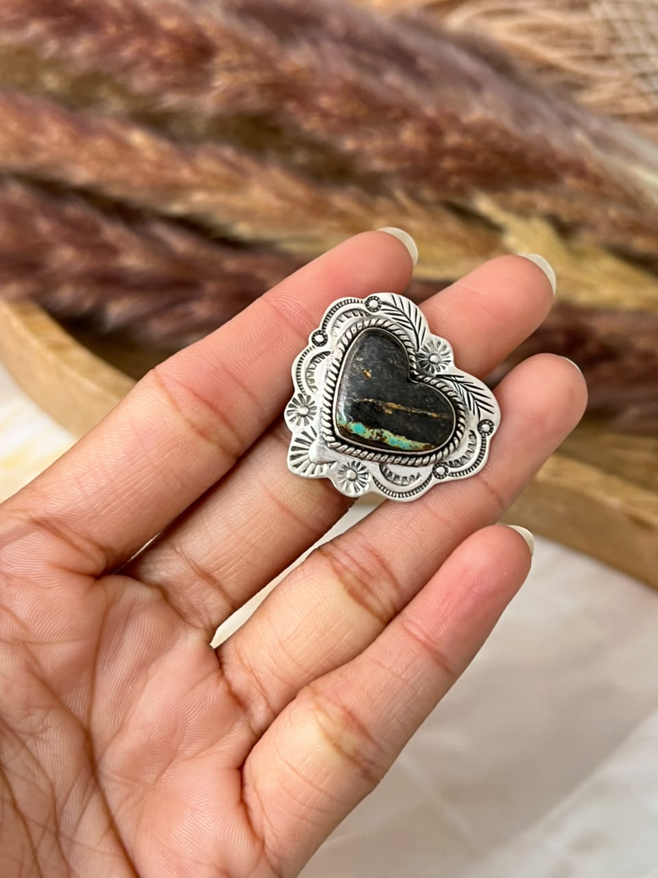 Handmade Sterling Silver Blackjack Turquoise Collection: Heart Adjustable Ring Signed Nizhoni