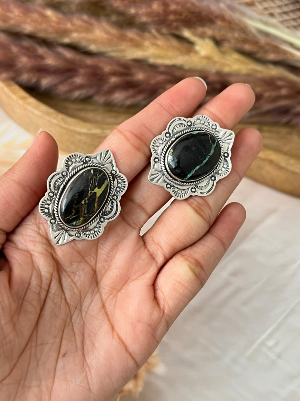 Handmade Sterling Silver Blackjack Turquoise Collection: Adjustable Ring Signed Nizhoni
