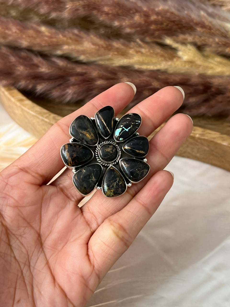 Handmade Sterling Silver Blackjack Turquoise Collection: Adjustable Ring Signed Nizhoni